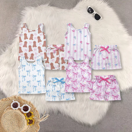 Sibling Baby Girls Sleeveless Bows Dogs Flowers Top Short With Belt Sets D 816