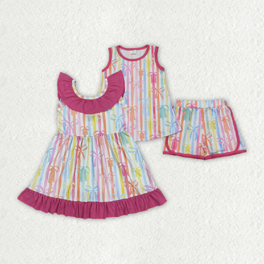 Sibling Baby Girls Sleeveless Colorful Stripe Bows Top Shorts Sets Knee Length Dresses D 816