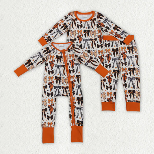 Sibling Baby Kids Orange Black Bows Stars Halloween Pajams Sets Zipper Footie Rompers D 816