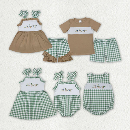 Baby Girls Boys Sibling Ducks Tunic Green Checkered Shorts Rompers Outfits Clothes Sets D 816