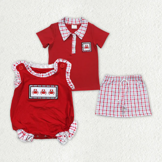 Sibling Girls Embroidery Baby Boys Crab Red Rompers Clothes Sets D 816