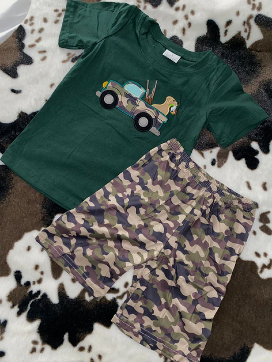 BSSO0111 Boys Embroidered Camouflage Car Dog Green Short Sleeve Shorts Set D 816