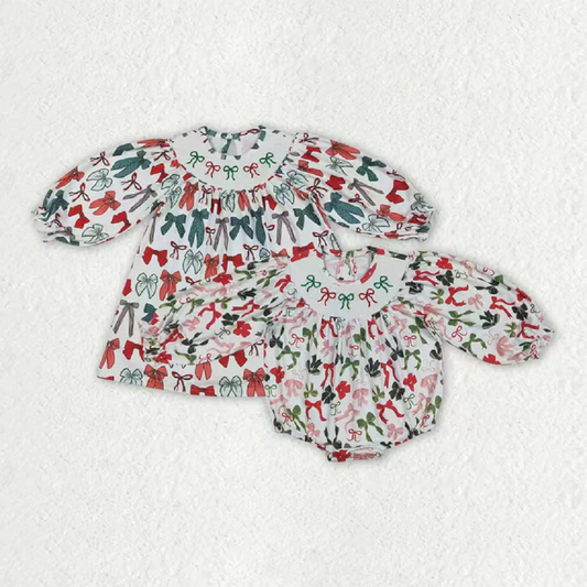 Smocked Embroidery Sibling Baby Girls Green Red Bows Christmas Knee Length Dresses  D 903