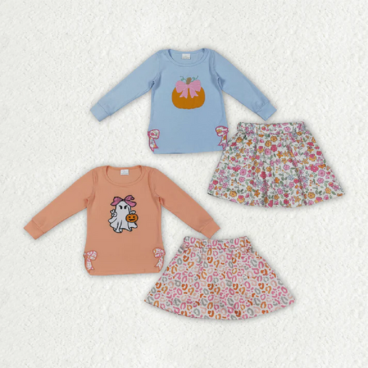 Sibling Embroidery Bows Ghosts Pumpkins Baby Girls Shirts Top Flowers Leopard Skorts Fall Clothes Sets D 904