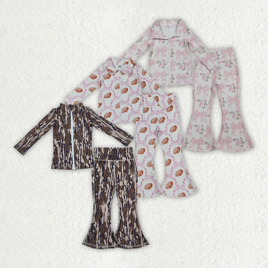 Sibling Baby Girls Floral Footballs Bottomland Camo Pullovers Jackets Bell Bottom Pants Yoga Active Clothes Sets D 906