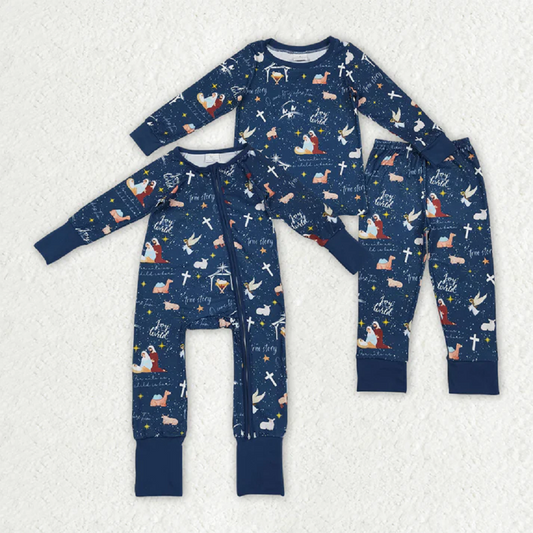 Sibling Baby Boys Navy Nativity Christmas Pajamas Sets Zipper Footie Rompers D 908
