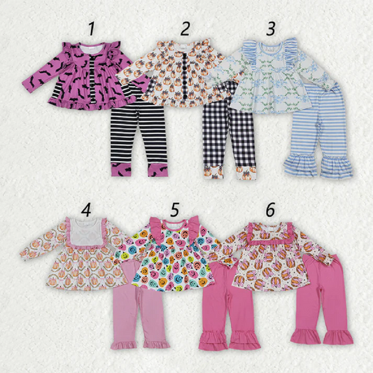 Sibling Baby Girls Long Ruffle Sleeves Pants Ghost Pumpkins Bats Fall Halloween Clothes Set D 908