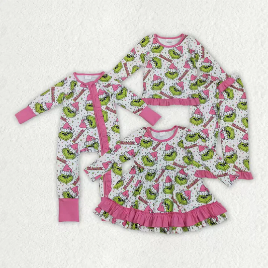 Sibling Baby Girls Green Faces Dramatic Christmas Zipper Footie Rompers Pajamas Sets  D 908