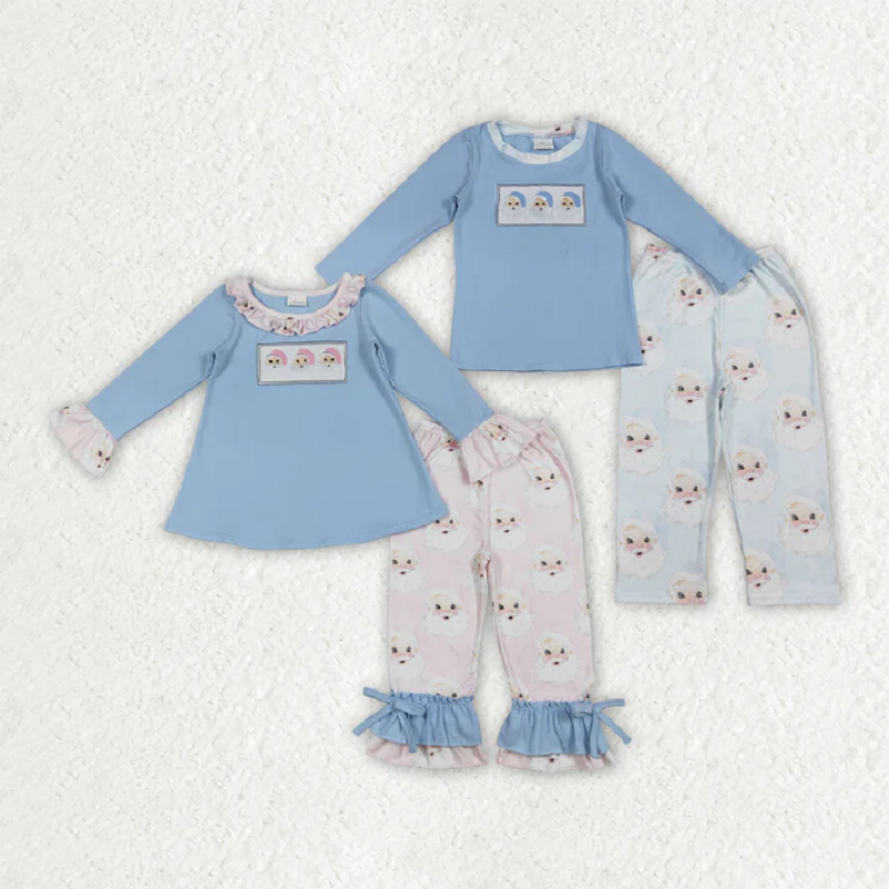 Sibling Embroidery Santa Baby Boys Girls Blue Shirts Top Pants Christmas Clothes Sets