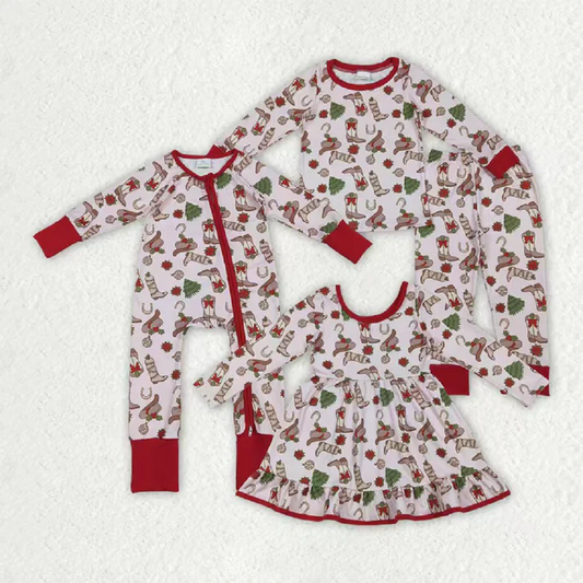 Sibling Baby Girls Boots Holly Trees Christmas Knee Length Dress Zipper Rompers Pajamas Sets D 919