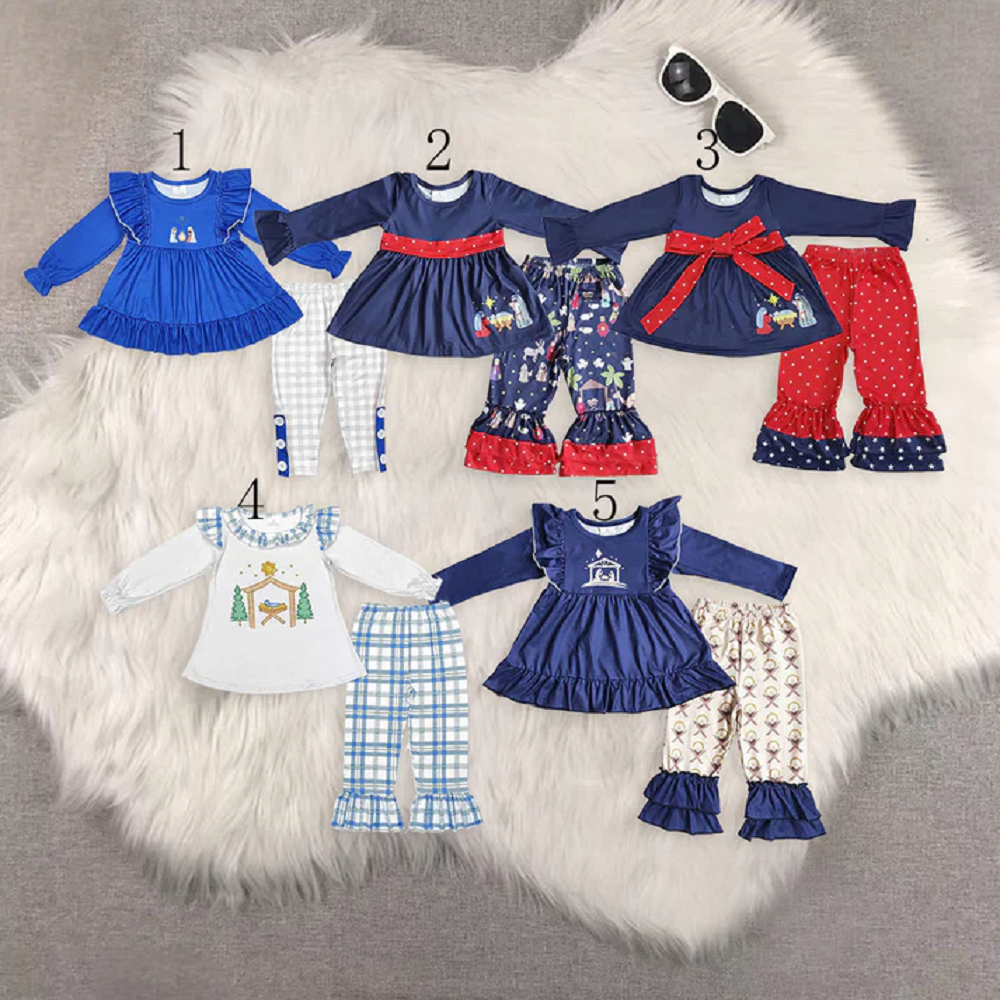 Sibling Girls Baby Girls Christmas Nativity Tunic Ruffle Pant Clothes Sets  D 919