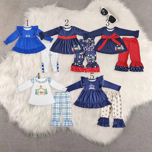 Sibling Girls Baby Girls Christmas Nativity Tunic Ruffle Pant Clothes Sets  D 919