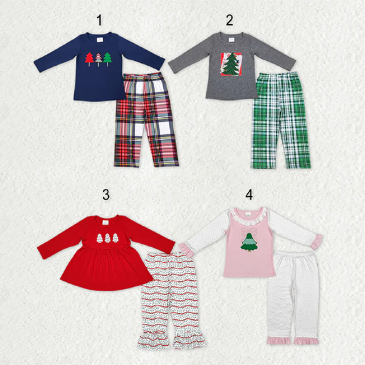 Sibling Baby Boys Girls Embroidery Trees Top Pants Christmas Clothes Sets  D 919