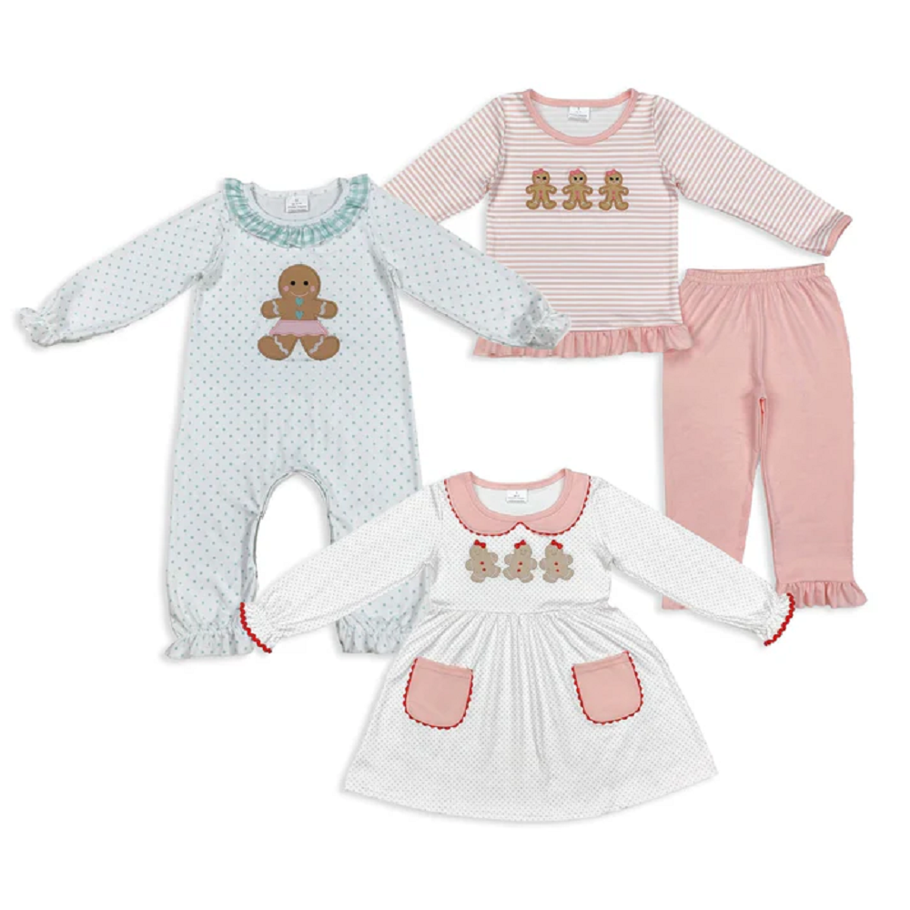 Sibling Baby Girls Embroidery Gingerbread Christmas Knee Length Dress Footie Rompers Clothes Sets   D 919