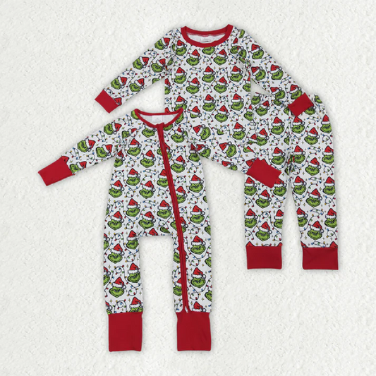 Sibling Baby Boys Green Faces Lights Christmas Pajamas Sets Zipper Footie Rompers  D 919