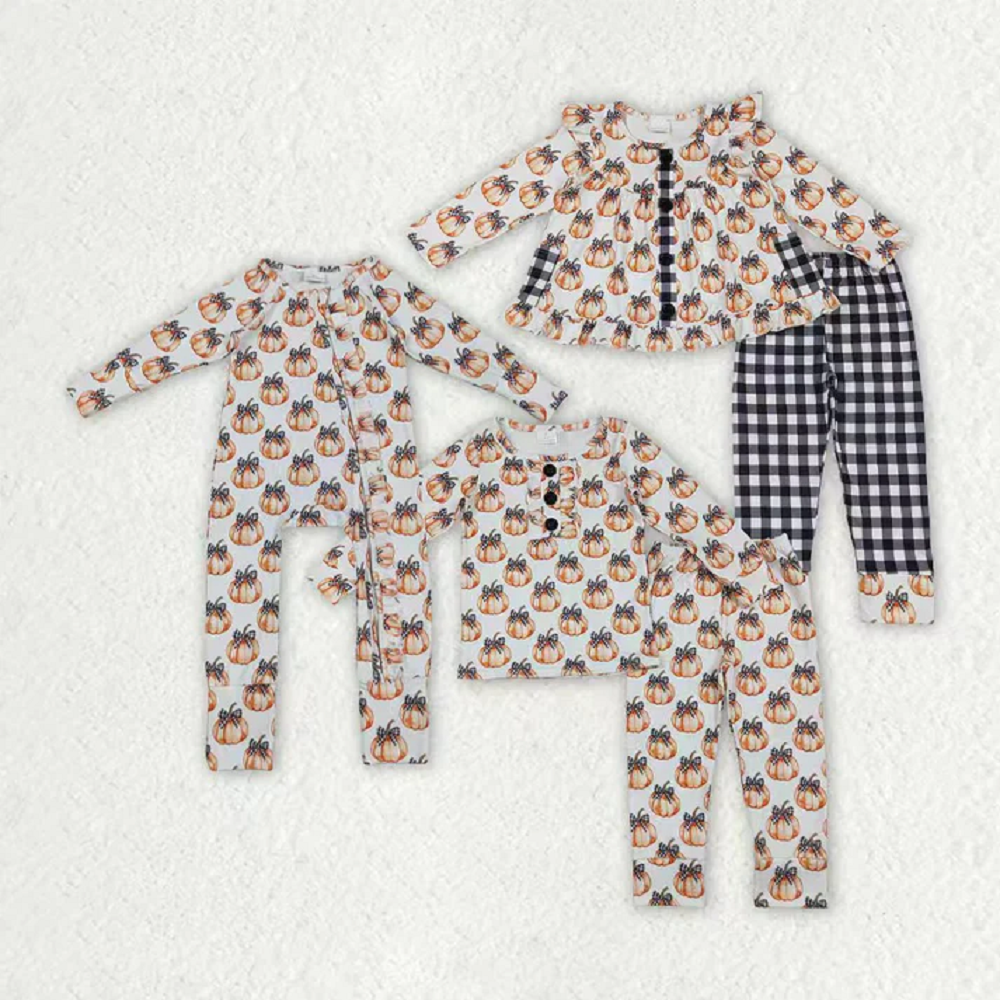 Sibling Baby Girls Bows Pumpkins Button Fal Pajamas Clothes Sets Zipper Footie Rompers   D 920