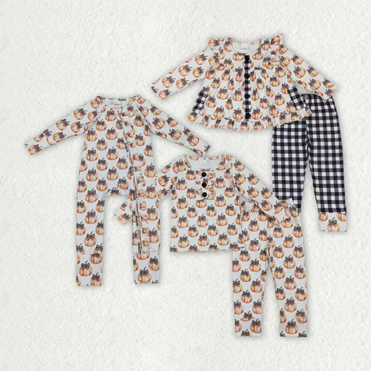 Sibling Baby Girls Bows Pumpkins Button Fal Pajamas Clothes Sets Zipper Footie Rompers D 920