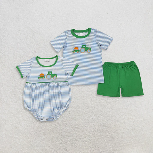 Sibling Baby Boys Blue Stripe Embroidery Pumpkin Truck Top Short Fall Clothes Sets Rompers  D 926