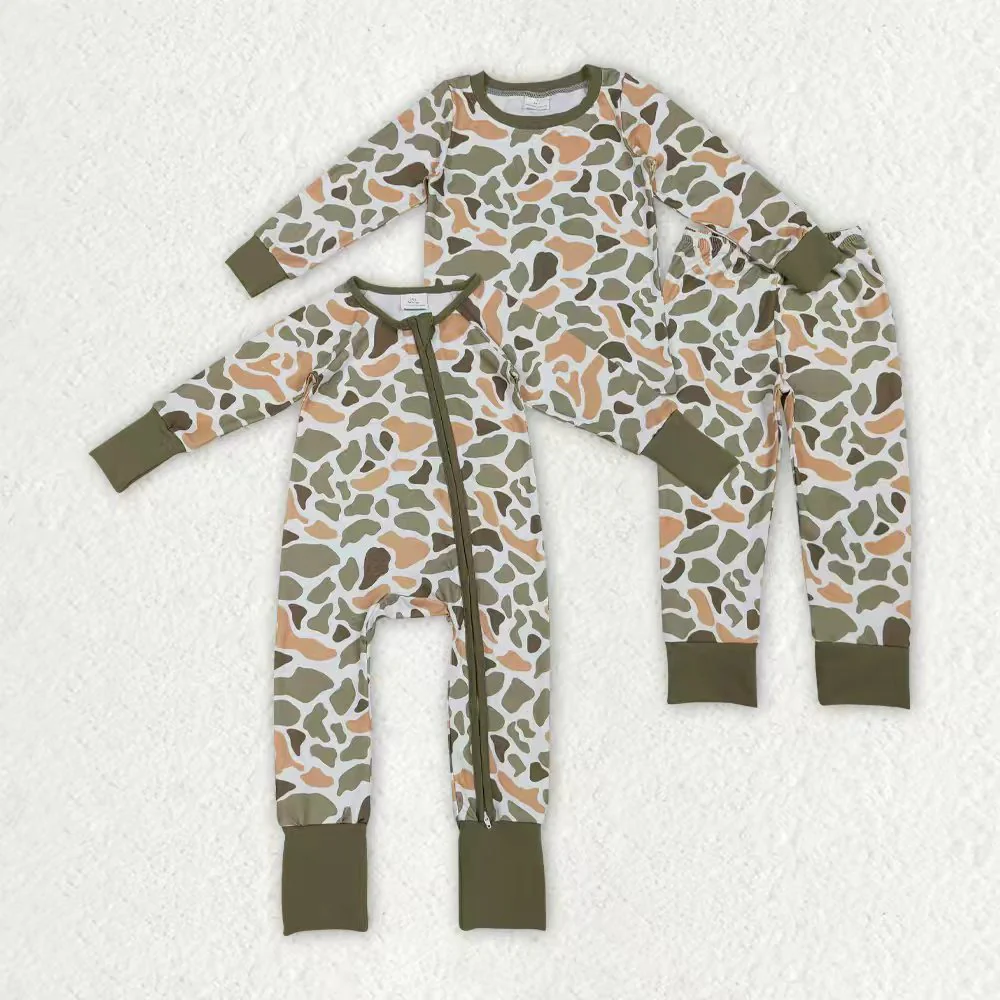 Sibling Baby Boys Green Khaki Camo Top Pants Western Pajamas Sets Zipper Rompers D 926