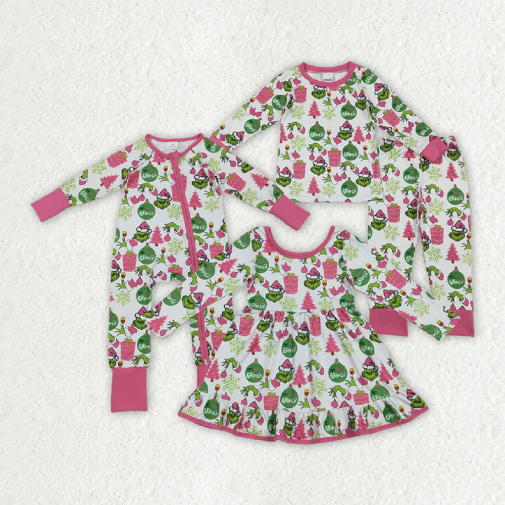 Sibling Baby Girls Green Faces Trees Lights Christmas Ruffle Knee Length Dress Pajamas Sets Footie Rompers   D 926
