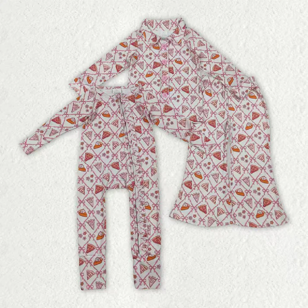 Sibling Baby Girls Bows Flowers Pie Checked Button Thanksgiving Pajamas Set Zip Footie Rompers  D 927