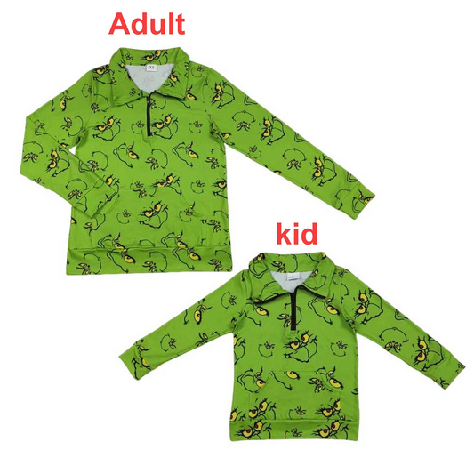 Mama and Me Green Face Plaid Pocket Zipper Christmas Pullover Tops D 927