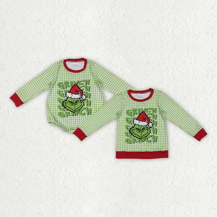 Sibling Baby Boys Green Faces Christmas Checked Tee Shirts Top Rompers  D 927
