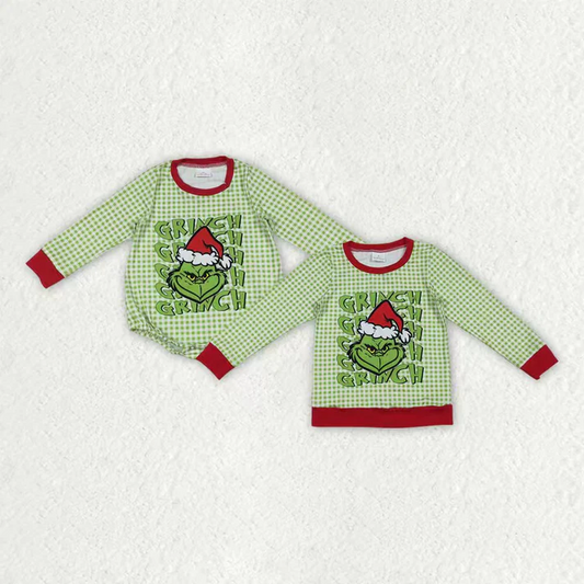 Sibling Baby Boys Green Faces Christmas Checked Tee Shirts Top Rompers D 927