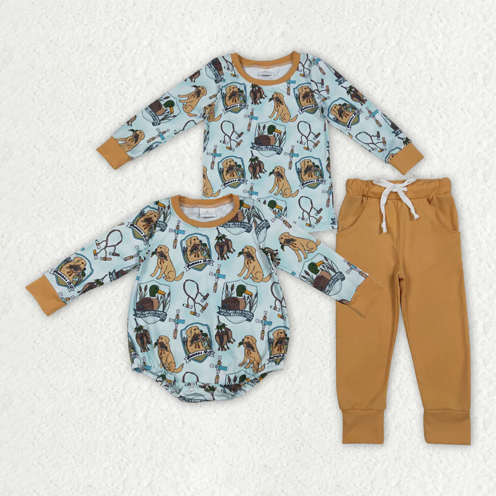 Sibling Baby Boys Dog Ducks Top Pockets Pant Hunting Clothes Sets Rompers D 929