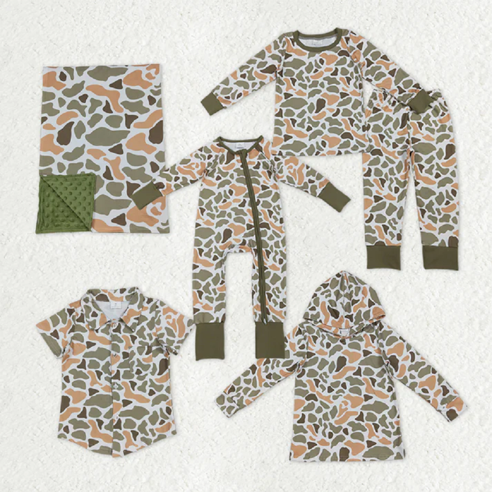 Sibling Baby Boys Green Orange Camo Western Pajamas Button Shirts Hoodies Top    D 929