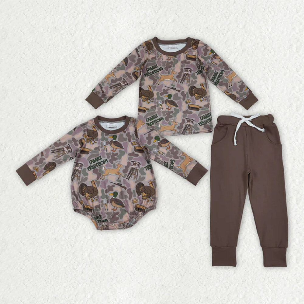 Sibling Baby Boys Brown Turkey Ducks Camo Top Pockets Pant Hunting Clothes Sets Rompers D 929
