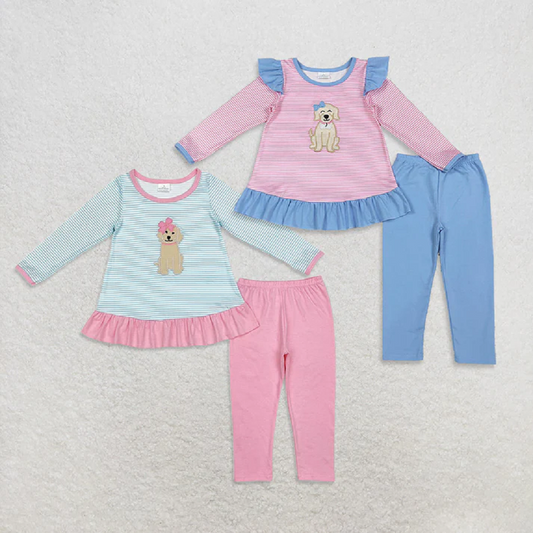Sibling Baby Girls Embroidery Bows Dogs Stripe Tunic Leggings Pants Valentine Clothes Sets  D 929