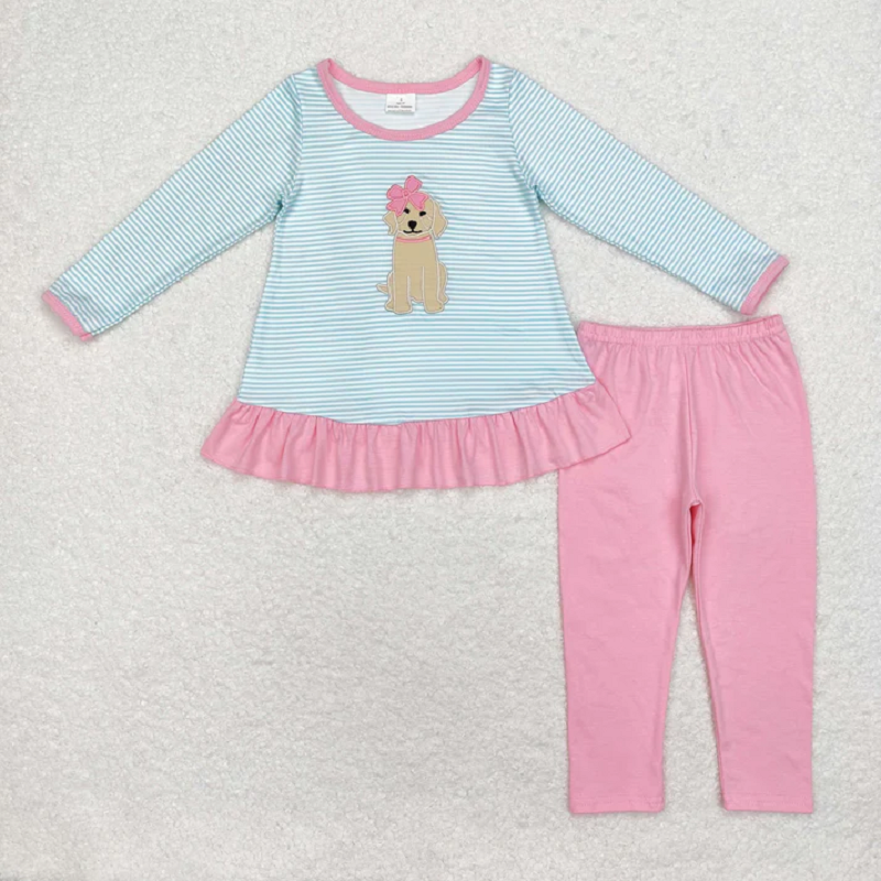 Sibling Baby Girls Embroidery Bows Dogs Stripe Tunic Leggings Pants Valentine Clothes Sets  D 929