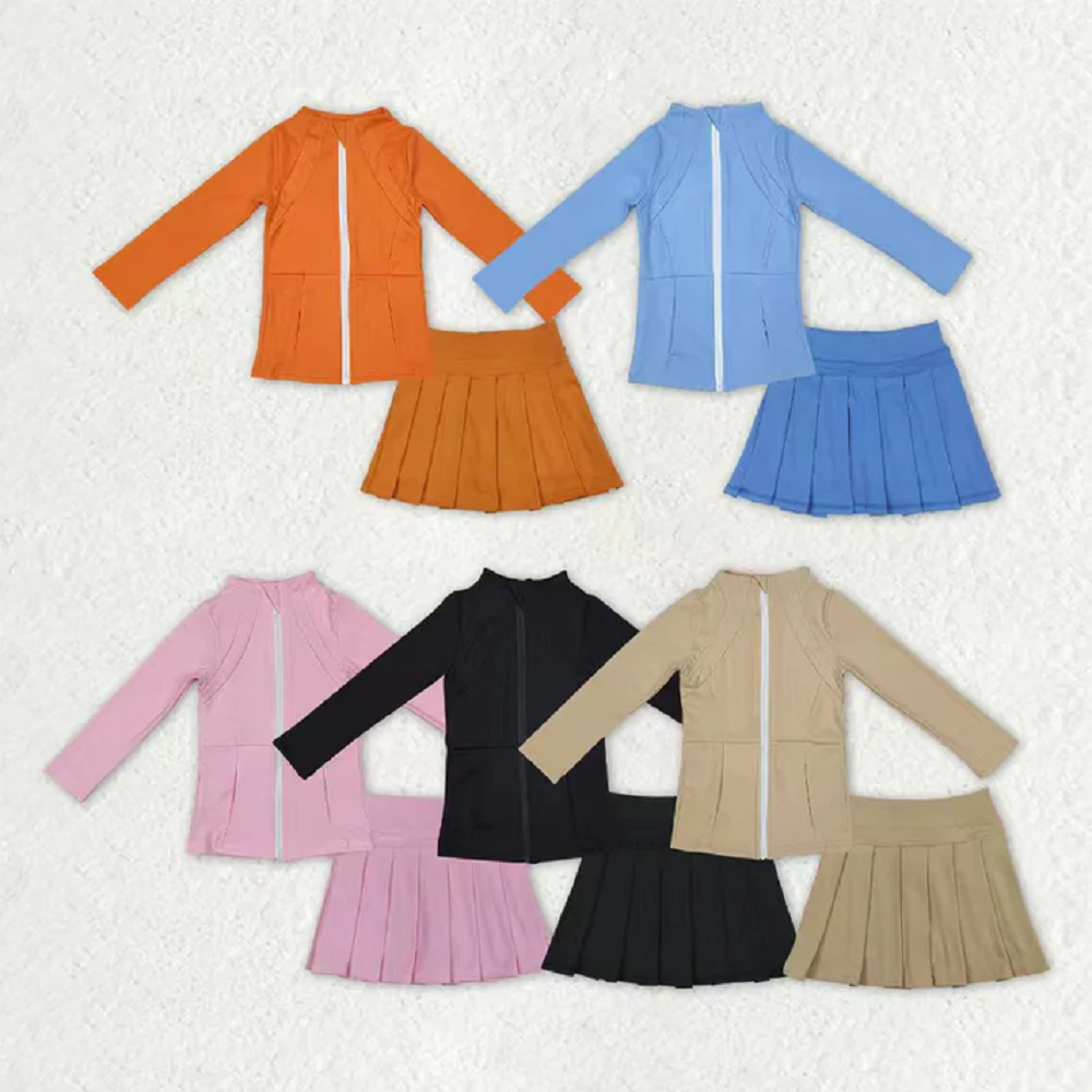 Sibling Baby Girls Long Sleeves Zipper Pockets Jackets Top Skirt Shorts Yoga Active Clothes Sets  D 1014