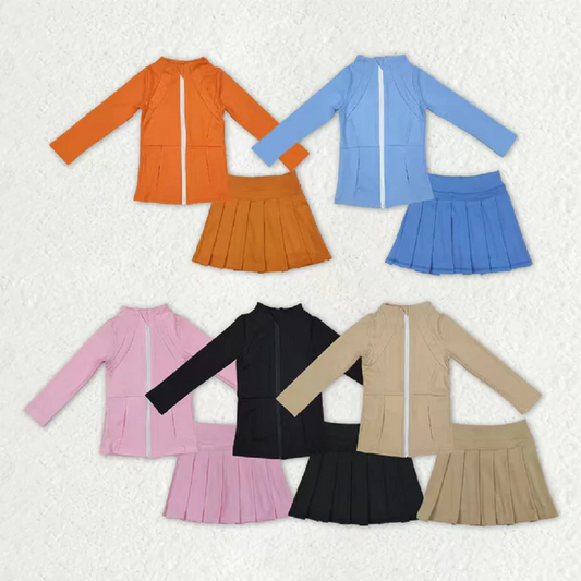 Sibling Baby Girls Long Sleeves Zipper Pockets Jackets Top Skirt Shorts Yoga Active Clothes Sets  D 1014