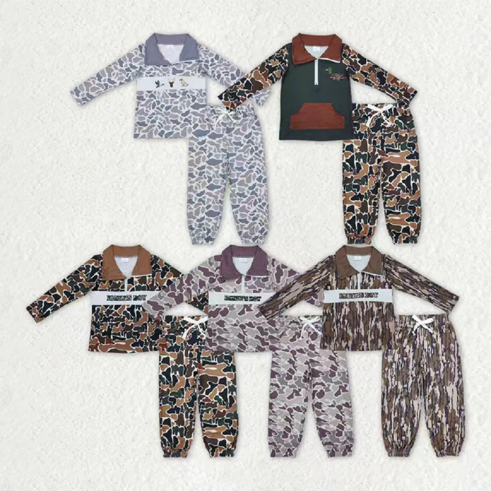 Sibling Baby Boys Camo Embroidery Mama's Boy Ducks Dogs Zipper Pullover Pockets Jogger Hunting Clothes Set   D 1016