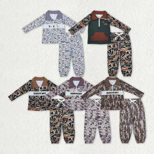 Sibling Baby Boys Camo Embroidery Mama's Boy Ducks Dogs Zipper Pullover Pockets Jogger Hunting Clothes Set D 1016