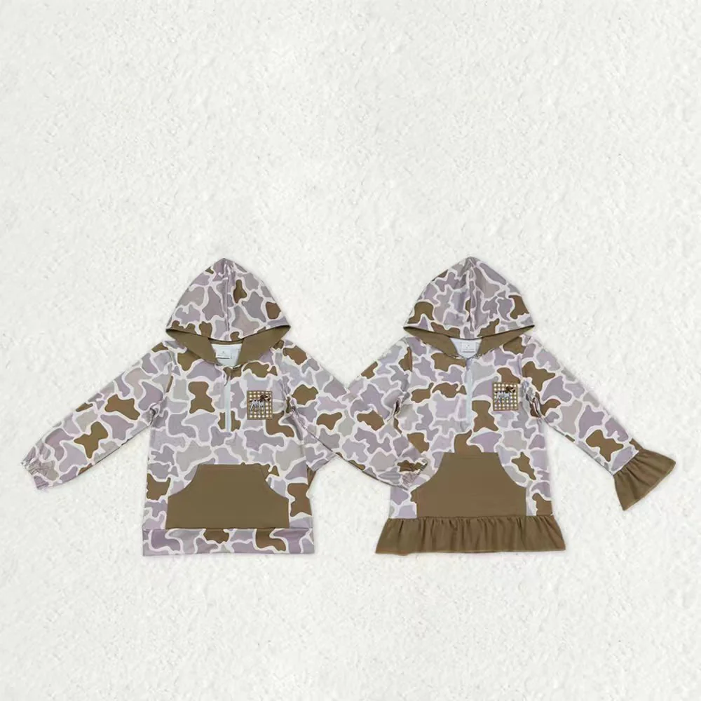Sibling Baby Boys Girls Embroidery Dog Duck Camo Pocket Zipper Hunting Hoodies Top  D 1018