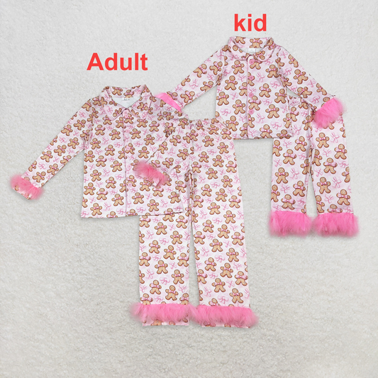 Mama and Me Pink Bows Gingerbread Button Top Pants Christmas Fur Pajamas Sets D 1018