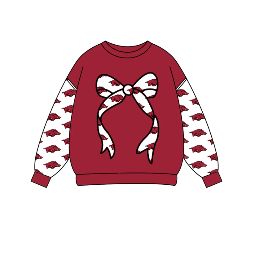 Custom moq 5 mix size milk silk summer team baby boys clothes brick red bow long sleeve top   D 1018