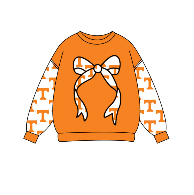 Custom moq 5 mix size milk silk summer team baby boys clothes orange bow long sleeve top   D 1018