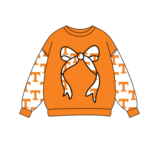 Custom moq 5 mix size milk silk summer team baby boys clothes orange bow long sleeve top   D 1018