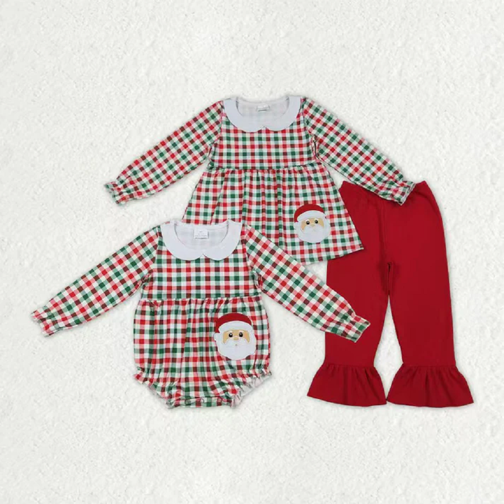 Sibling Baby Girls Red Green Checked Embroidery Santa Tunic Ruffle Pants Christmas Set Rompers D 1020