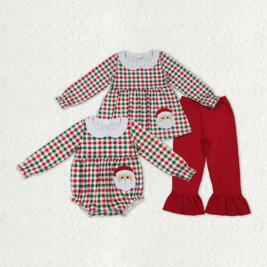 Sibling Baby Girls Red Green Checked Embroidery Santa Tunic Ruffle Pants Christmas Set Rompers D 1020