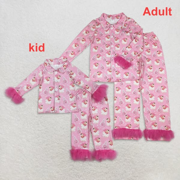 Mommy And Me Pink Fur Sleeve Santa Trees Button Top Pant Christmas Pajamas Set D 1020
