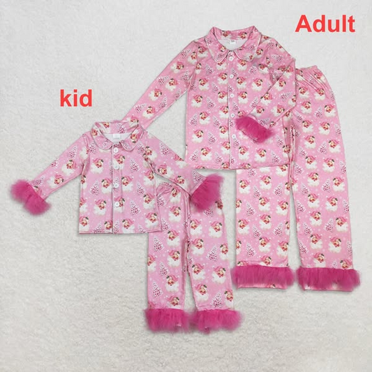 Mommy And Me Pink Fur Sleeve Santa Trees Button Top Pant Christmas Pajamas Set D 1020