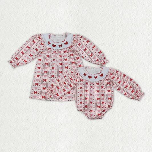 Sibling Embroidery Hearts Bows Baby Girls Valentine Knee Length Dresses Ruffle Rompers D 1022