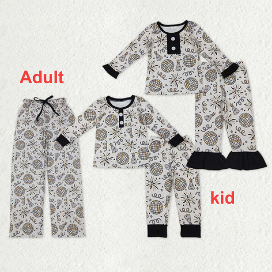 Mama and Me Fireworks Stars Button Ruffle Pants Happy New Year Pajamas Sets Pants With Belt D 1022