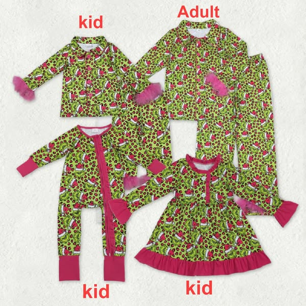 Mama and Me Leopard Grin Button Fur Sleeve Pajamas Sets Ruffle Dresses Zipper Rompers D 1022