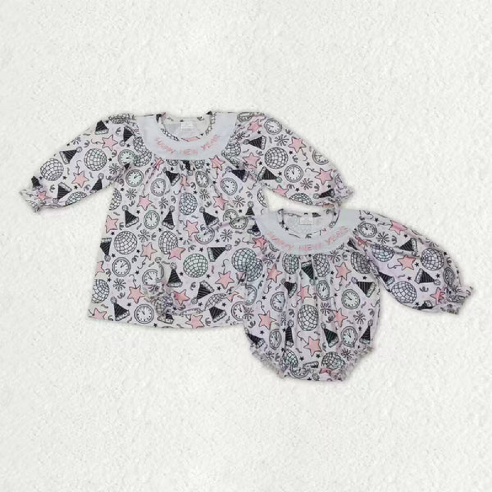 Sibling Embroidery Happy New Year Baby Girls Knee Length Dresses Ruffle Rompers  D 1022